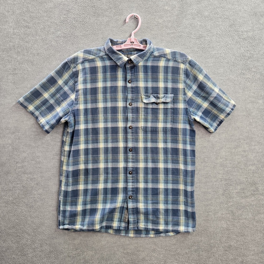 Royal Robbins Men Button Up Shirt L Blue Plaid Organic Cotton Short Sleeve Logo